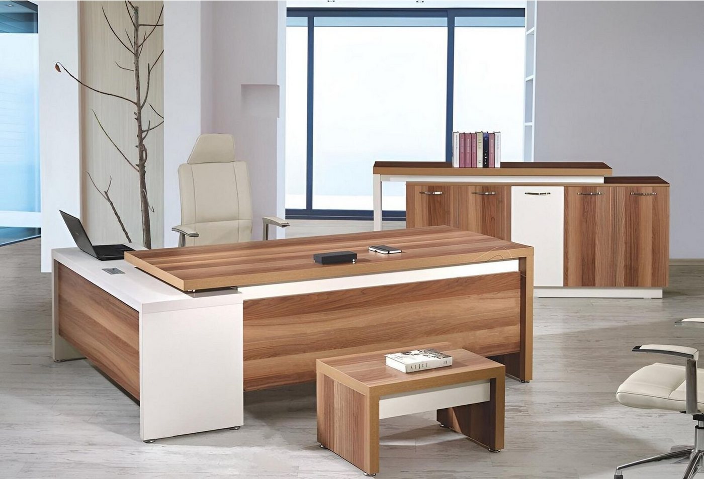 JVmoebel Arbeitstisch Eckbürotisch Komplette Büro Bürotisch Set 3tlg Holz Büromöbel Braun (3-St., 1x Bürotisch + 1x Couchtisch + 1x Schrank ohne Sessel), Made in Europa von JVmoebel