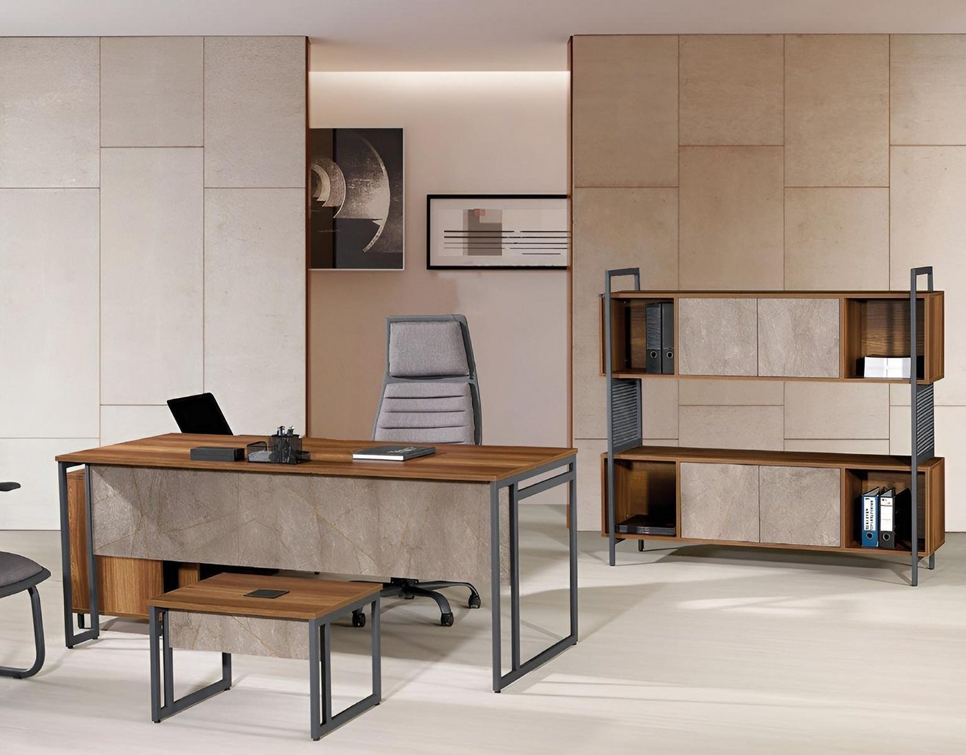 JVmoebel Arbeitstisch Eckbürotisch Komplette Büro Bürotisch Set 3tlg Holz Büromöbel Braun (3-St., 1x Bürotisch + 1x Couchtisch + 1x Schrank ohne Sessel), Made in Europa von JVmoebel