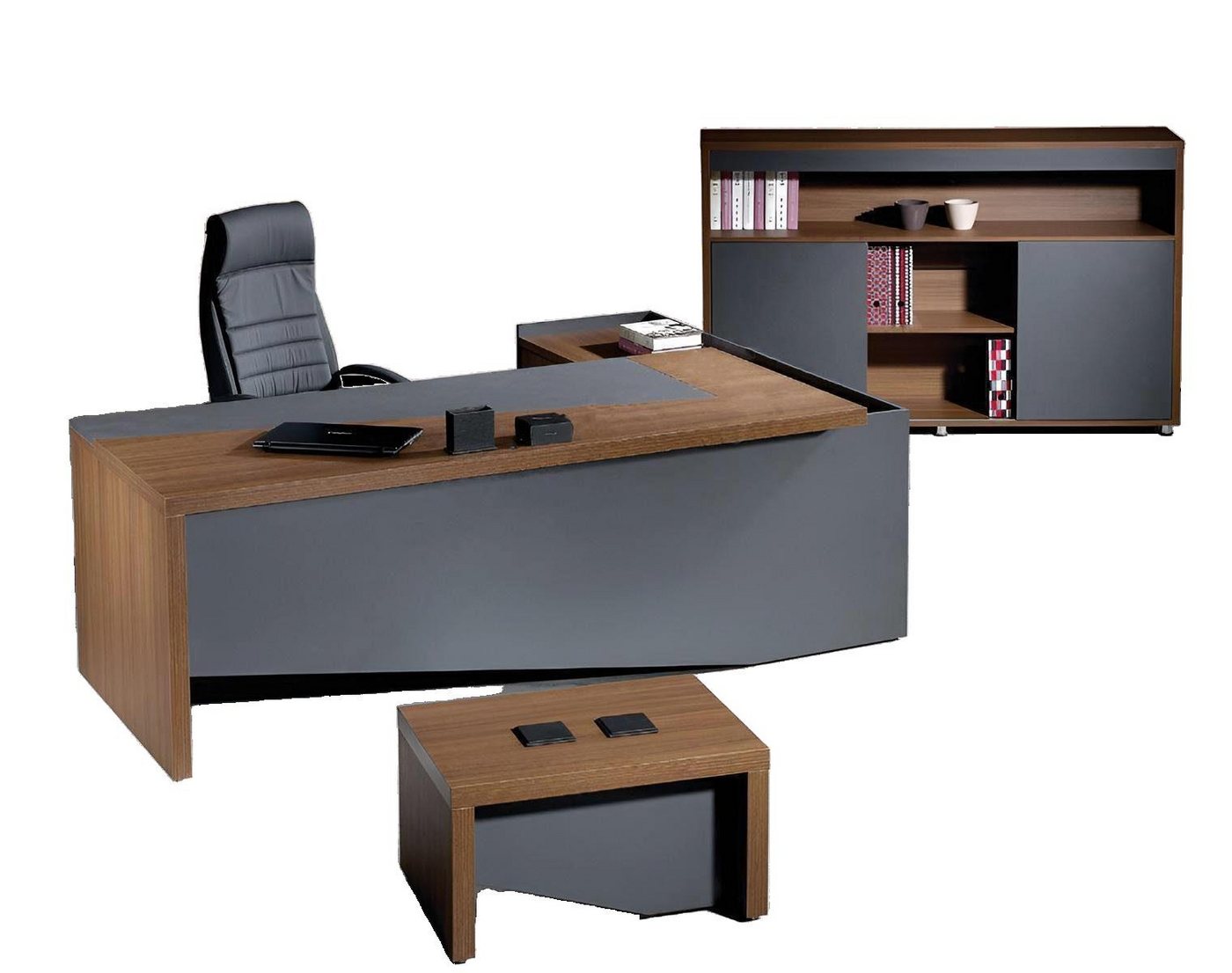 JVmoebel Arbeitstisch Eckbürotisch Komplette Büro Bürotisch Set 3tlg Holz Büromöbel Grau (3-St., 1x Bürotisch + 1x Couchtisch + 1x Schrank ohne Sessel), Made in Europa von JVmoebel