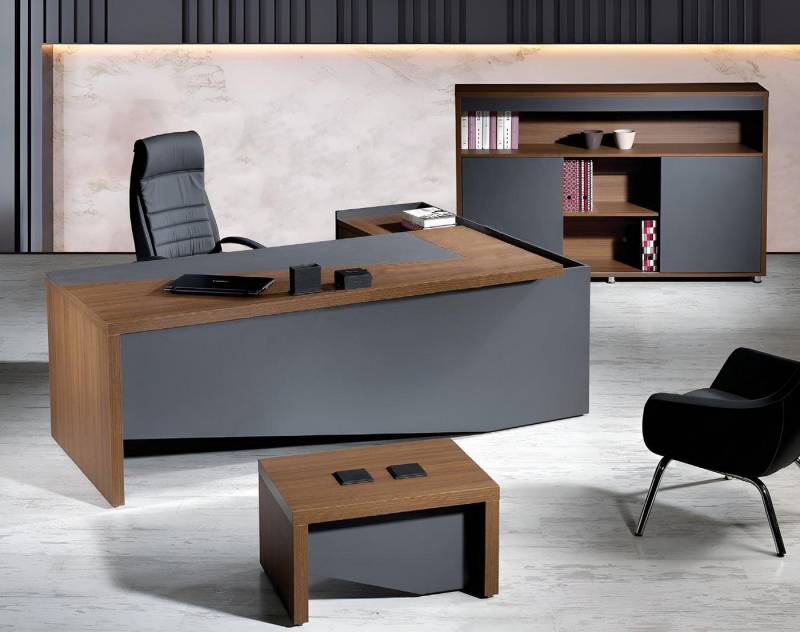 JVmoebel Arbeitstisch Eckbürotisch Komplette Büro Bürotisch Set 3tlg Holz Büromöbel Grau (3-St., 1x Bürotisch + 1x Couchtisch + 1x Schrank ohne Sessel), Made in Europa von JVmoebel