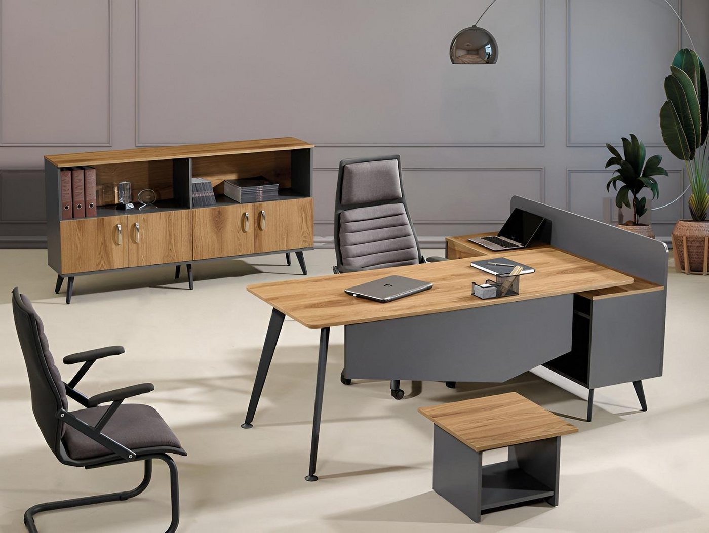 JVmoebel Arbeitstisch Garnitur Büromöbel Eckbürotisch Schreibtisch Set 3tlg Holz Braun Büro (3-St., 1x Bürotisch + 1x Couchtisch + 1x Schrank ohne Sessel), Made in Europa von JVmoebel