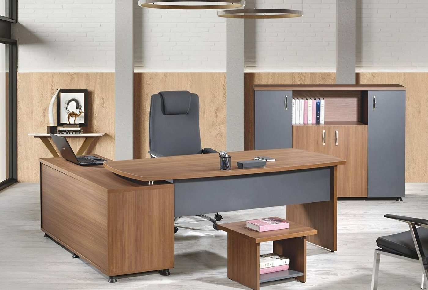 JVmoebel Arbeitstisch Gruppe Büro Eckbürotisch Arbeitszimmermöbel Schrank 3tlg Holz Braun (3-St., 1x Bürotisch + 1x Couchtisch + 1x Schrank ohne Sessel), Made in Europa von JVmoebel