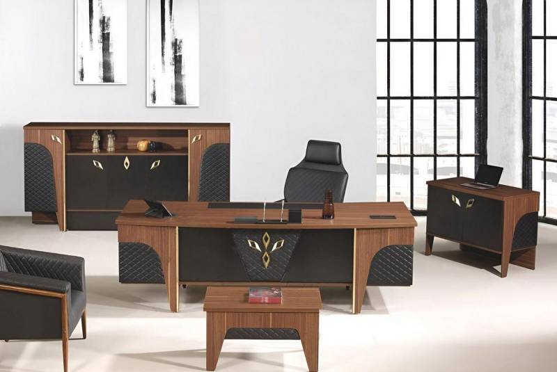 JVmoebel Arbeitstisch Komplette Büro Schreibtisch Bürotisch Set 4tlg Holz Braun Luxus Groß (4-St., 1x Bürotisch + 1x Kommode + 1x Couchtisch + 1x Schrank ohne Sessel), Made in Europa von JVmoebel