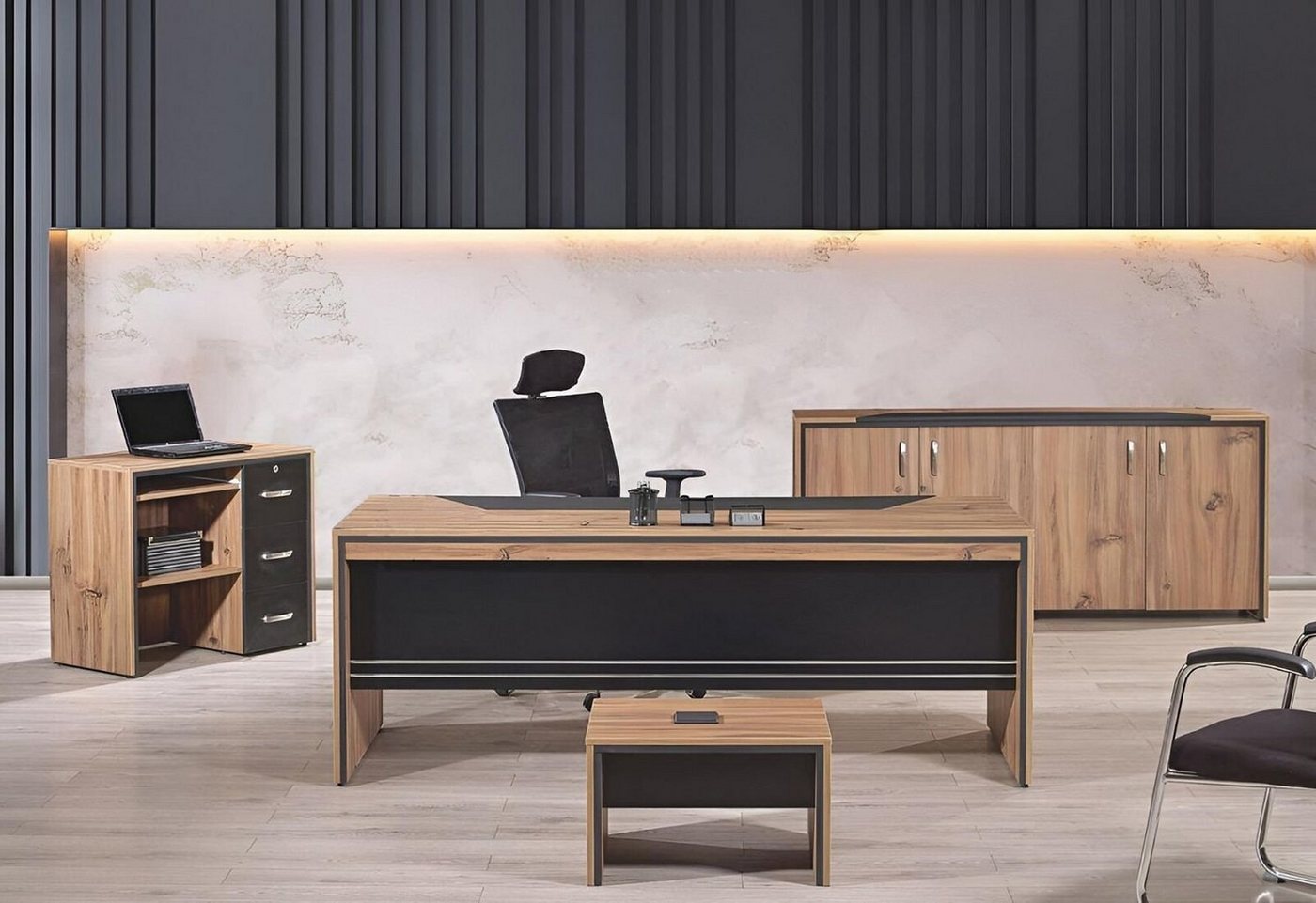 JVmoebel Arbeitstisch Tisch Büro Möbel Arbeitszimmermöbel Schreibtisch Set 4tlg Holz Schwarz (4-St., 1x Bürotisch + 1x Tisch + 1x Cocuhtisch + 1x Kommode ohne Sessel), Made in Europa von JVmoebel