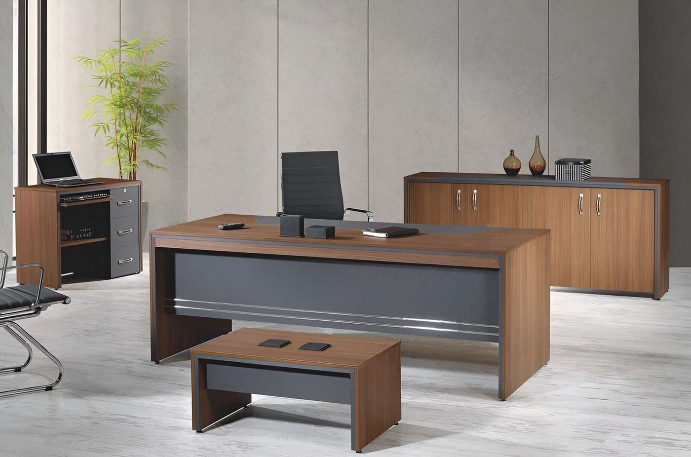 JVmoebel Arbeitstisch Tisch Büro Möbel Arbeitszimmermöbel Schreibtisch Set 4tlg Holz Schwarz (4-St., 1x Bürotisch + 1x Tisch + 1x Cocuhtisch + 1x Kommode ohne Sessel), Made in Europa von JVmoebel