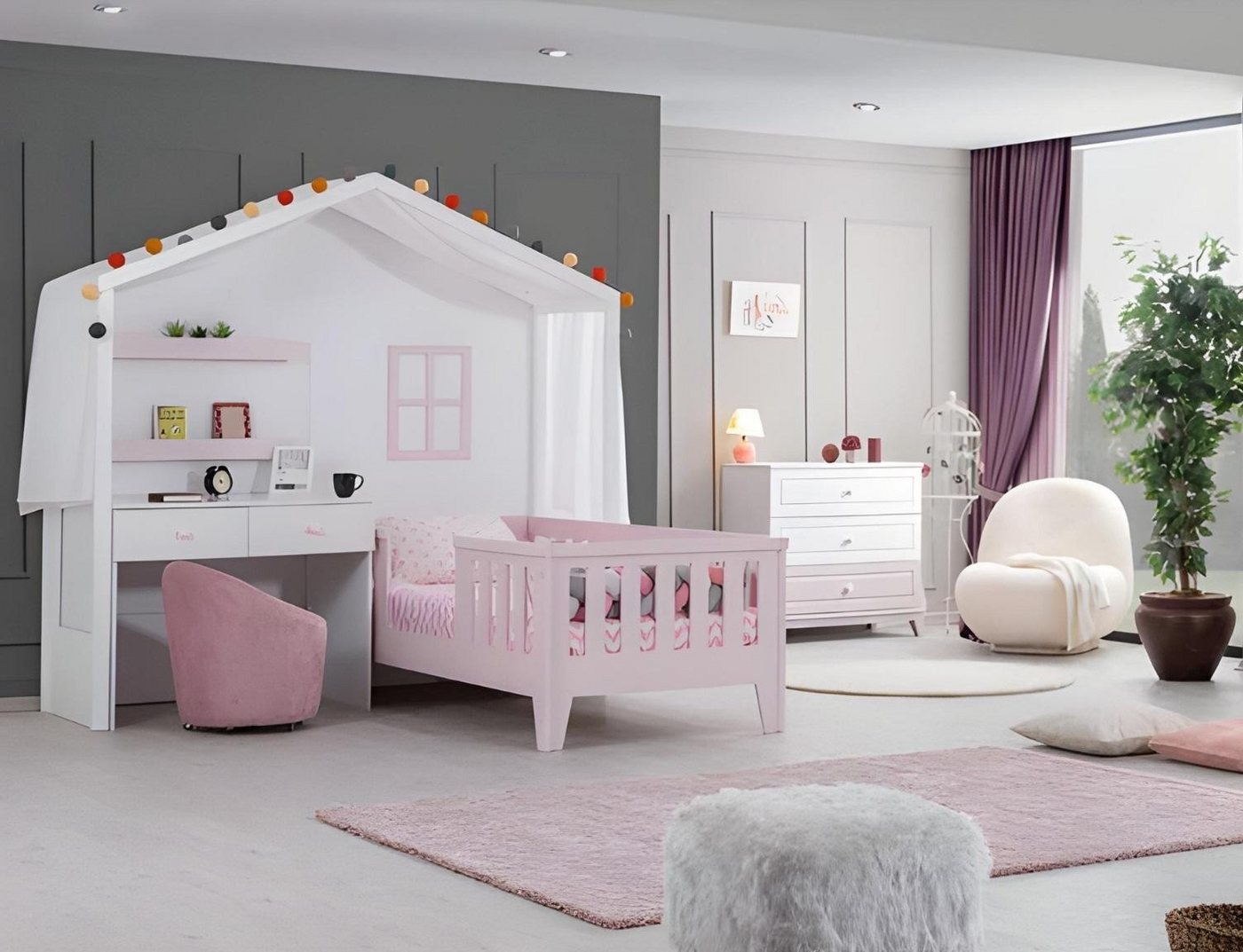 JVmoebel Babymöbel-Set Moderne Rosa Jugendzimmer-Bett mit Schreibtisch neu gestaltet, (2-tlg., Bett + Schreibtisch), Made in Europa von JVmoebel