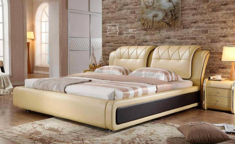 JVmoebel Polsterbett Beige Leder Doppelbett für das Schlafzimmer, gepolstert (Bett), Made in Europa von JVmoebel