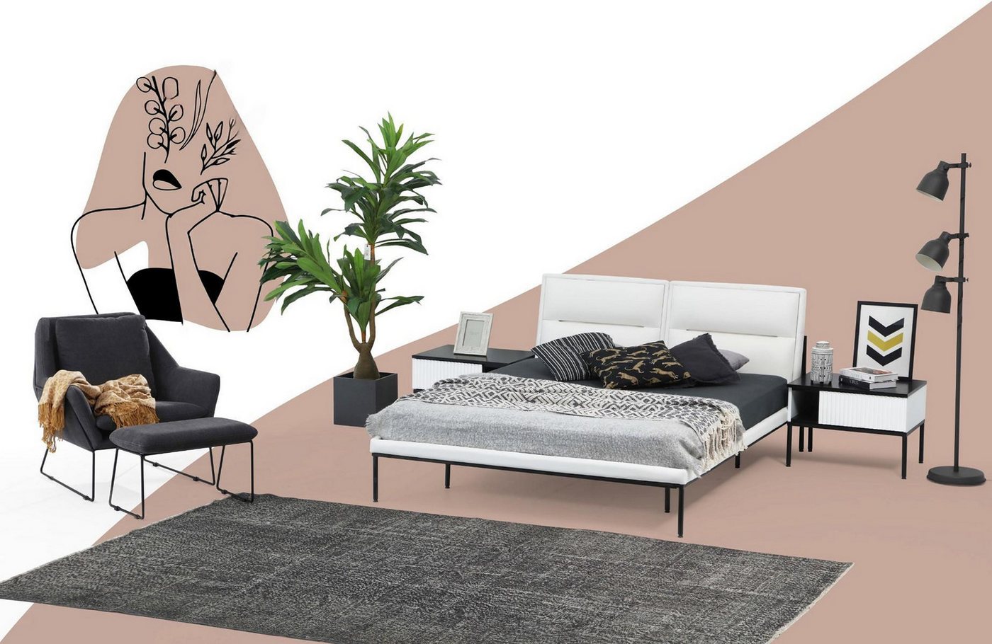 JVmoebel Schlafzimmer-Set Garnitur Schlafzimmer Doppelbett Bett Nachttische Weiß Set 3tlg, (Set 3tlg. Schlafzimmer (Bett + 2xNachttische), Made in Europa von JVmoebel