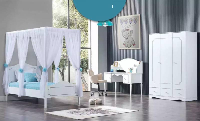 JVmoebel Jugendzimmer-Set Kinderzimmer Schlafzimmer Komplettzimmer Jugendzimmer Himmelbett Weiß, (3tlg. Schlafzimmer Set (Kinderbett+Kleiderschrank+Schreibtisch), Made in Europa von JVmoebel