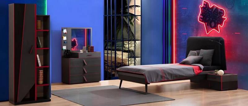 JVmoebel Jugendzimmer-Set Schwarz-Rote Kinderzimmer Garnitur Moderne Möbel Bett Bücherschrank, (Bett), Made in Europa von JVmoebel