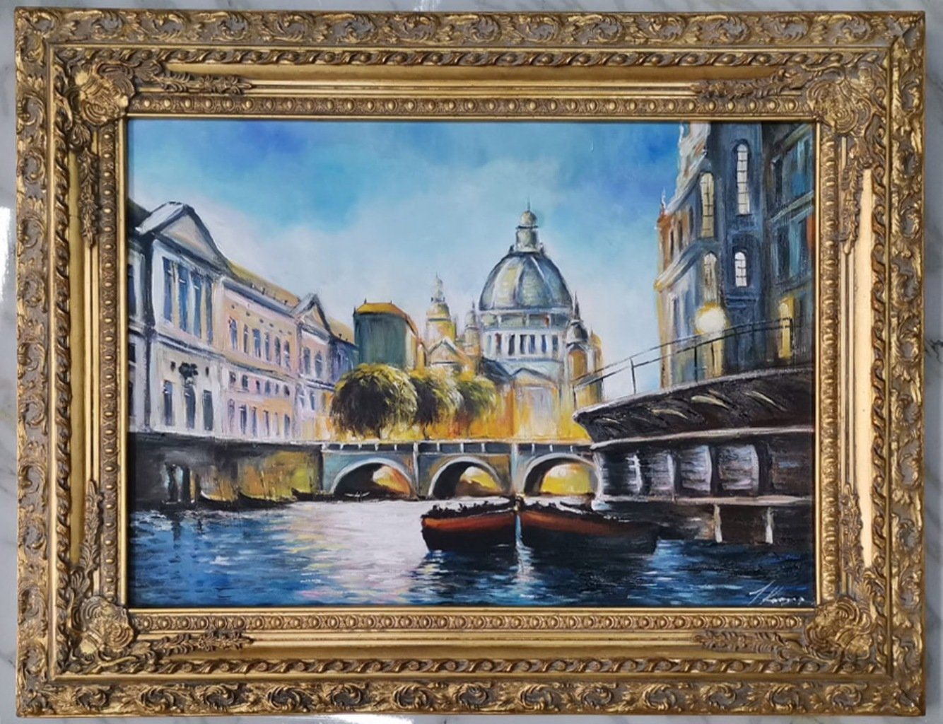 JVmoebel Bild Ölbild Venedig Stadt Boote auf dem Fluss Brücke Abendlandschaft SOFORT, (1 St), Made in Europa von JVmoebel