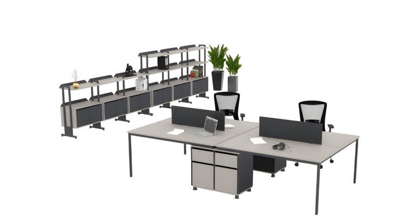 JVmoebel Büromöbel-Set Arbeitszimmer Set Doppelarbeitsplätze Holz Grau Büroschränke Kommoden, (2x Doppelarbeitsplatze, Büroschrank, 2x Kommoden), Made in Europe von JVmoebel