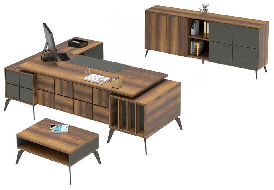 JVmoebel Büromöbel-Set Arbeitszimmer Set Arbeitstisch L-Form Couchtisch Sideboard Braun Grau, (3-tlg., 3tlg. Arbeitszimmer Set (Tisch + Sideboard + Couchtisch), Made in Europa von JVmoebel