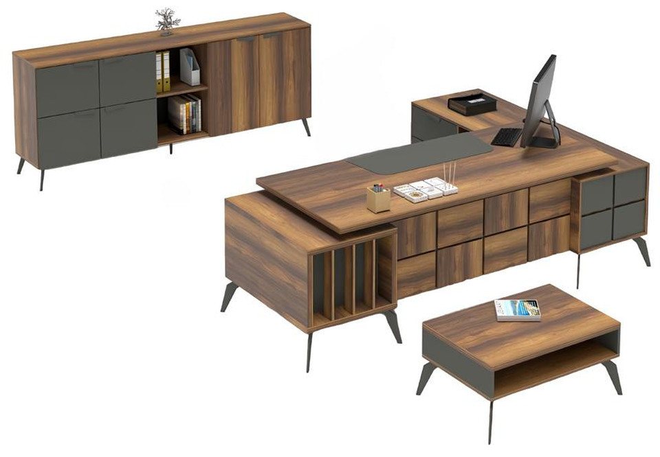 JVmoebel Büromöbel-Set Arbeitszimmer Set Arbeitstisch L-Form Couchtisch Sideboard Braun Grau, (3-tlg., 3tlg. Arbeitszimmer Set (Tisch + Sideboard + Couchtisch), Made in Europa von JVmoebel