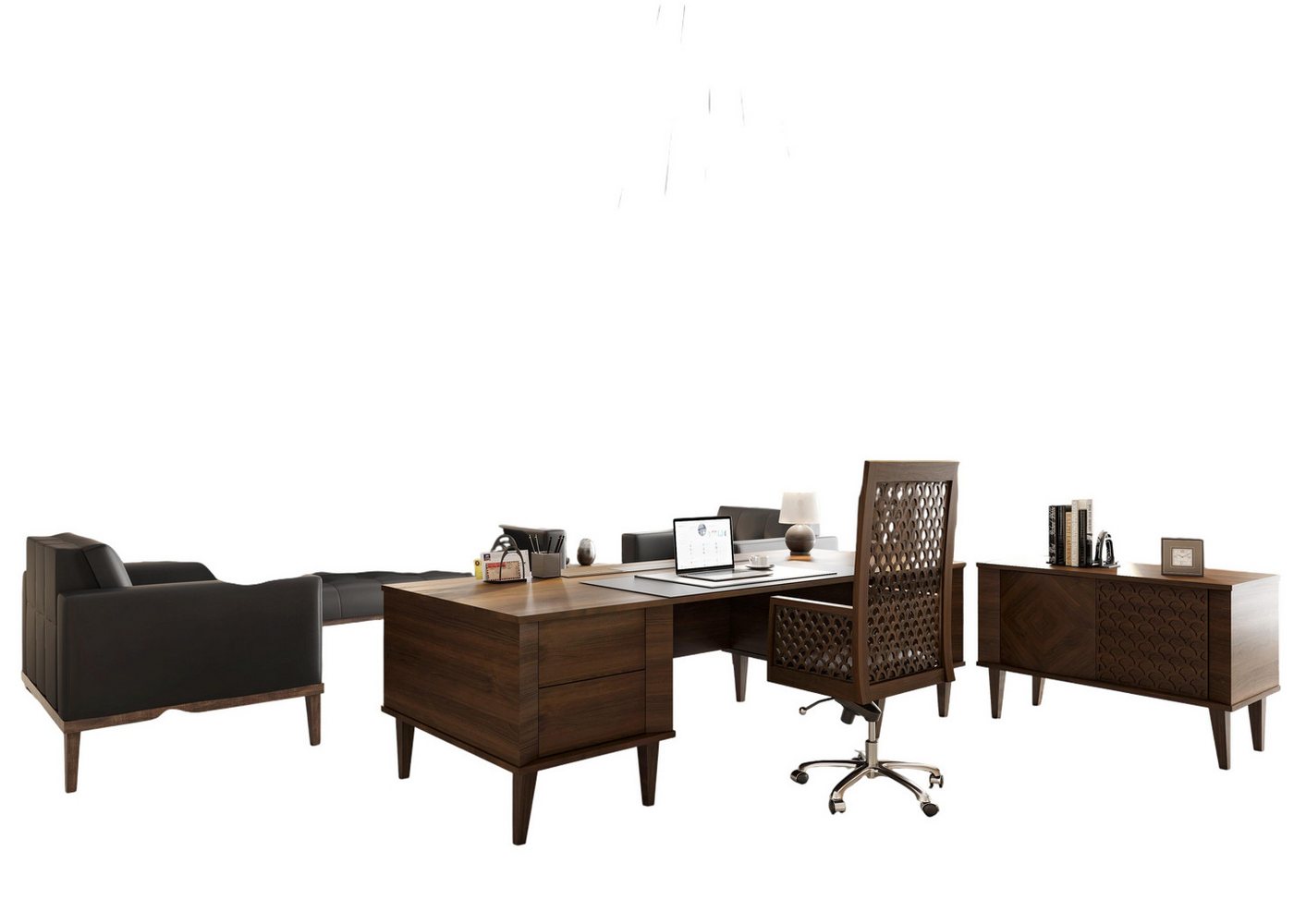 JVmoebel Büromöbel-Set Arbeitszimmer-Set: Minimalismus, Gemütlichkeit und Strenge, (MaßeSchreibtisch, MaßeSideboard, MaßeBürostühle), Made in Europe von JVmoebel