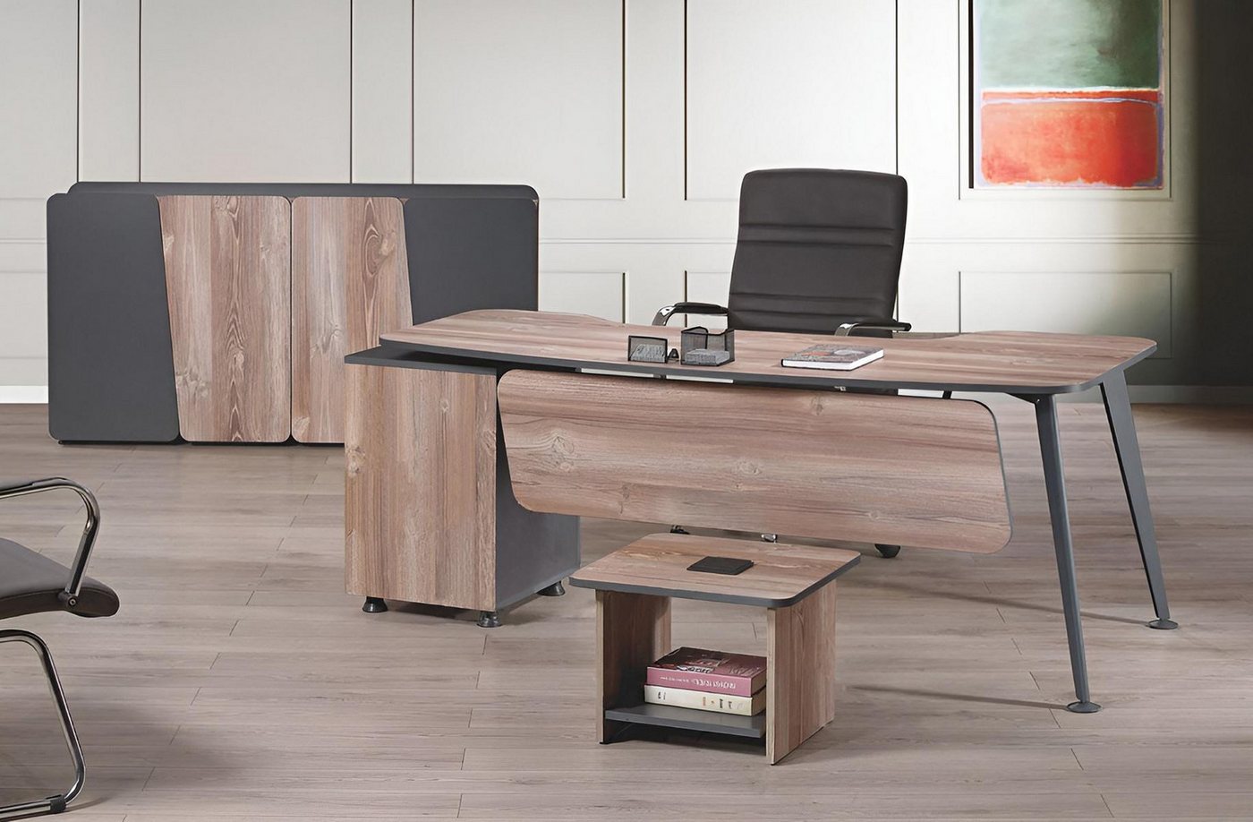 JVmoebel Büromöbel-Set Braunes Holz Schreibtisch Set für das Büro – 3-teilig, (3-tlg., 1x Bürotisch + 1x Couchtisch + 1x Schrank ohne Sessel), Made in Europa von JVmoebel