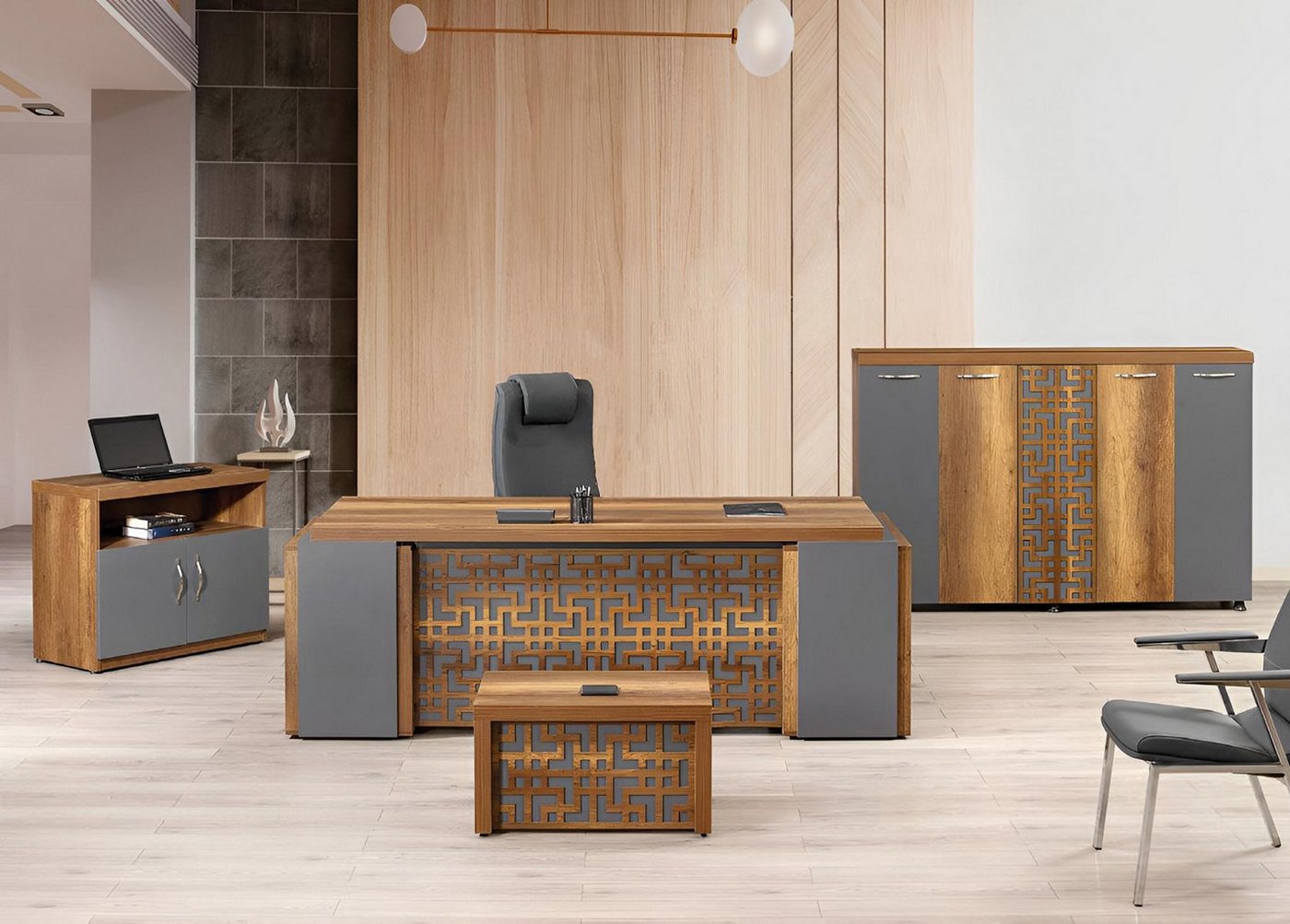 JVmoebel Büromöbel-Set Büro Set 4-teilig Holz Braun Schreibtisch und Büromöbel, (4-tlg., 1x Bürotisch + 1x Kommode + 1x Couchtisch + 1x Schrank ohne Sessel), Made in Europa von JVmoebel