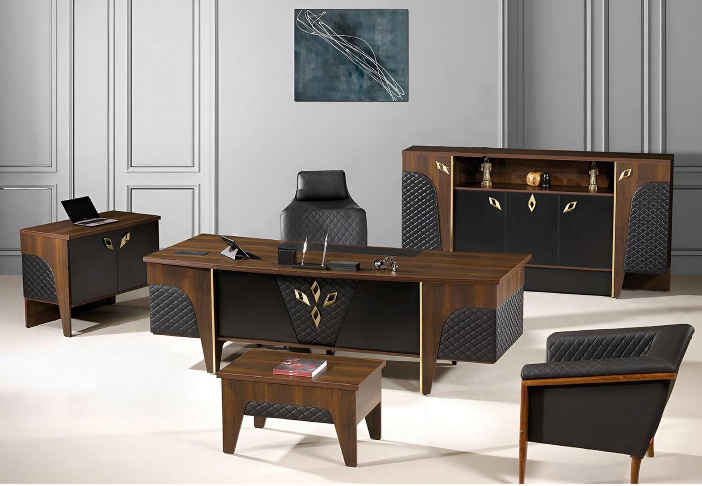 JVmoebel Büromöbel-Set Büro-Set 4-teilig Schreibtisch aus Holz in Braun, (4-tlg., 1x Bürotisch + 1x Kommode + 1x Couchtisch + 1x Schrank ohne Sessel), Made in Europa von JVmoebel