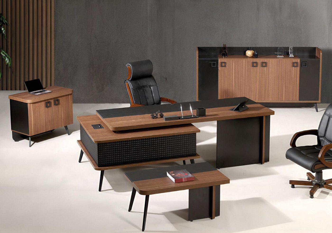 JVmoebel Büromöbel-Set Büromöbel Set 4-teilig Holz braun - Schreibtisch und Tisch für Büro, (4-tlg., 1x Bürotisch + 1x Kommode + 1x Couchtisch + 1x Schrank ohne Sessel), Made in Europa von JVmoebel