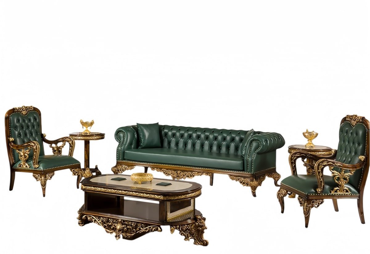 JVmoebel Büromöbel-Set Chesterfield Sofa Set 6tlg. Art Déco Grün Leder Holz Beistelltisch, (6-tlg., Sofa 3 Sitzer, 2x Sessel, Couchtisch, 2x Beistelltisch), Made in Europe von JVmoebel
