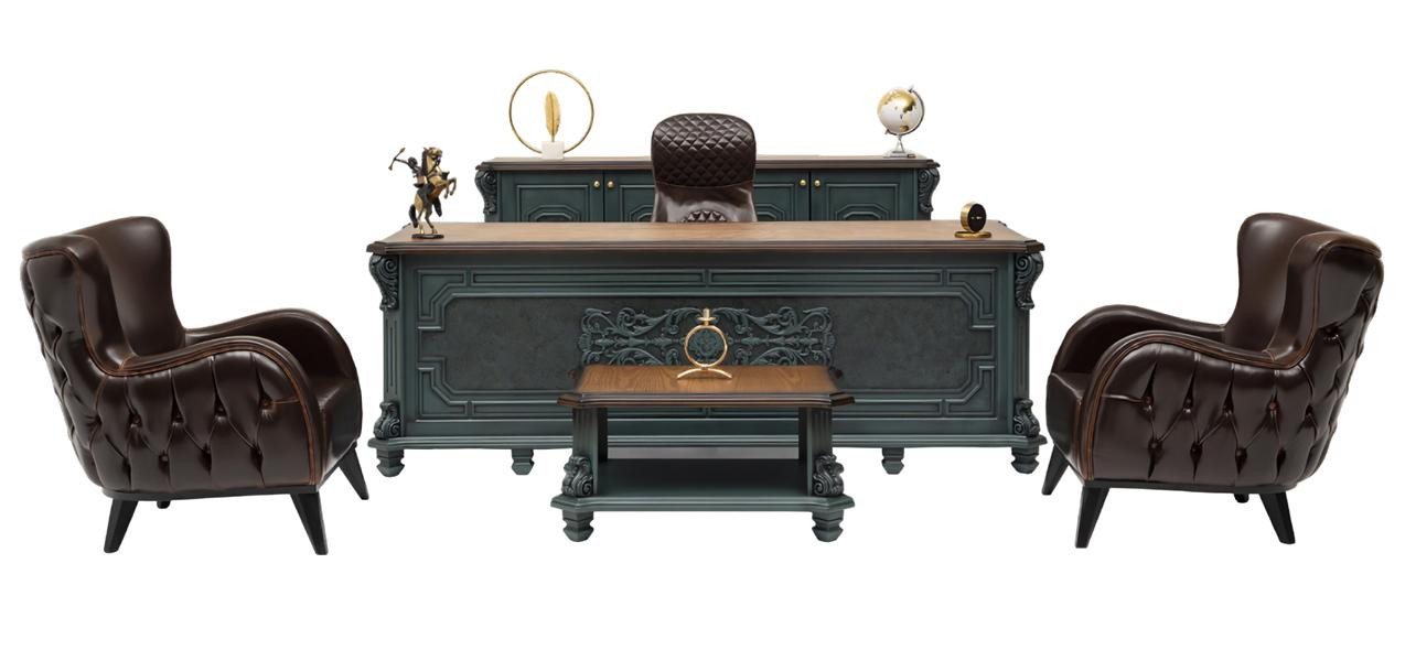 JVmoebel Büromöbel-Set Designer Büromöbel Set 5tlg Chesterfield Arbeitstisch Kommode Grau/..., (Schreibtisch, Kommode, 2x Sessel, Couchtisch), Made in Europe von JVmoebel