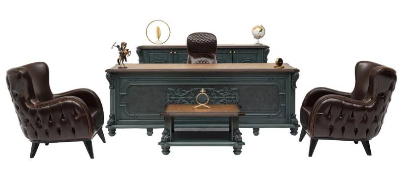 JVmoebel Büromöbel-Set Designer Büromöbel Set 5tlg Chesterfield Arbeitstisch Kommode Grau/..., (Schreibtisch, Kommode, 2x Sessel, Couchtisch), Made in Europe von JVmoebel