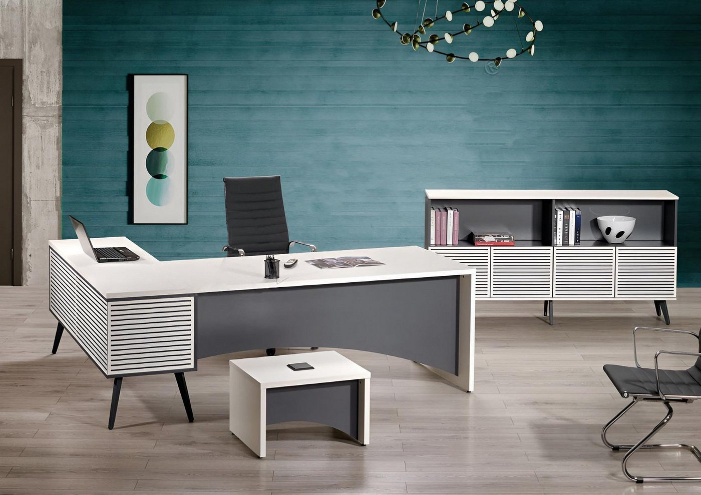 JVmoebel Büromöbel-Set Eck-Arbeitstisch Set 3-teilig in Weiß - Holz Büromöbel, (3-tlg., 1x Bürotisch + 1x Couchtisch + 1x Schrank ohne Sessel), Made in Europa von JVmoebel