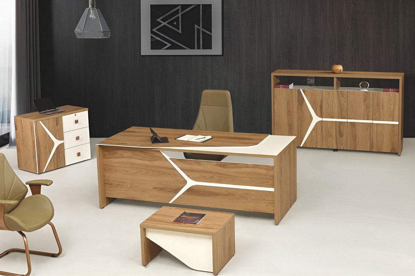 JVmoebel Büromöbel-Set Modernes 4-teiliges Büro Set aus Holz – Brauner Schreibtisch, (4-tlg., 1x Bürotisch + 1x Couchtisch + 1x Schrank + 1x Kommode ohne Sessel), Made in Europa von JVmoebel