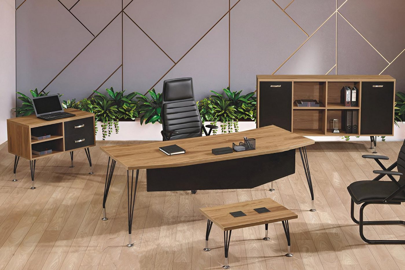 JVmoebel Büromöbel-Set Schwarzes Holz Schreibtisch Set für Ihr Büro - 4-teilig, (4-tlg., 1x Bürotisch + 1x Couchtisch + 1x Schrank + 1x Kommode ohne Sessel), Made in Europa von JVmoebel