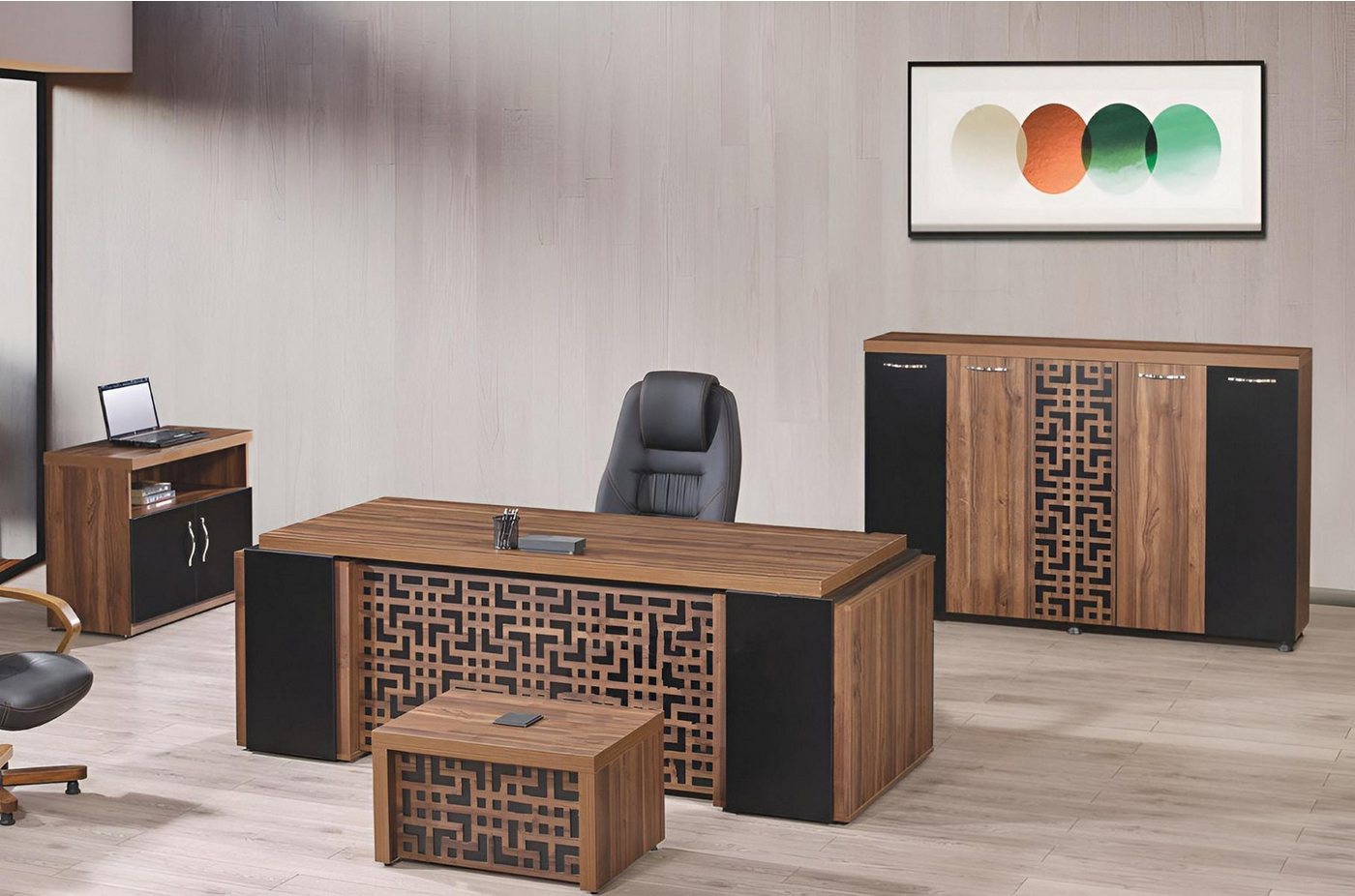 JVmoebel Büromöbel-Set Vollmöbel Set für Büro - Schreibtisch und Tisch aus Holz, Braun, (4-tlg., 1x Bürotisch + 1x Kommode + 1x Couchtisch + 1x Schrank ohne Sessel), Made in Europa von JVmoebel