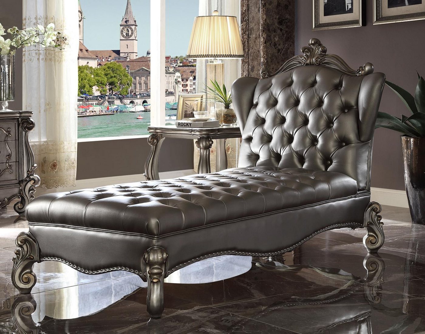 JVmoebel Chaiselongue Chesterfield Liege Chaise aus Leder im silbernen Barockstil, Made in Europa von JVmoebel
