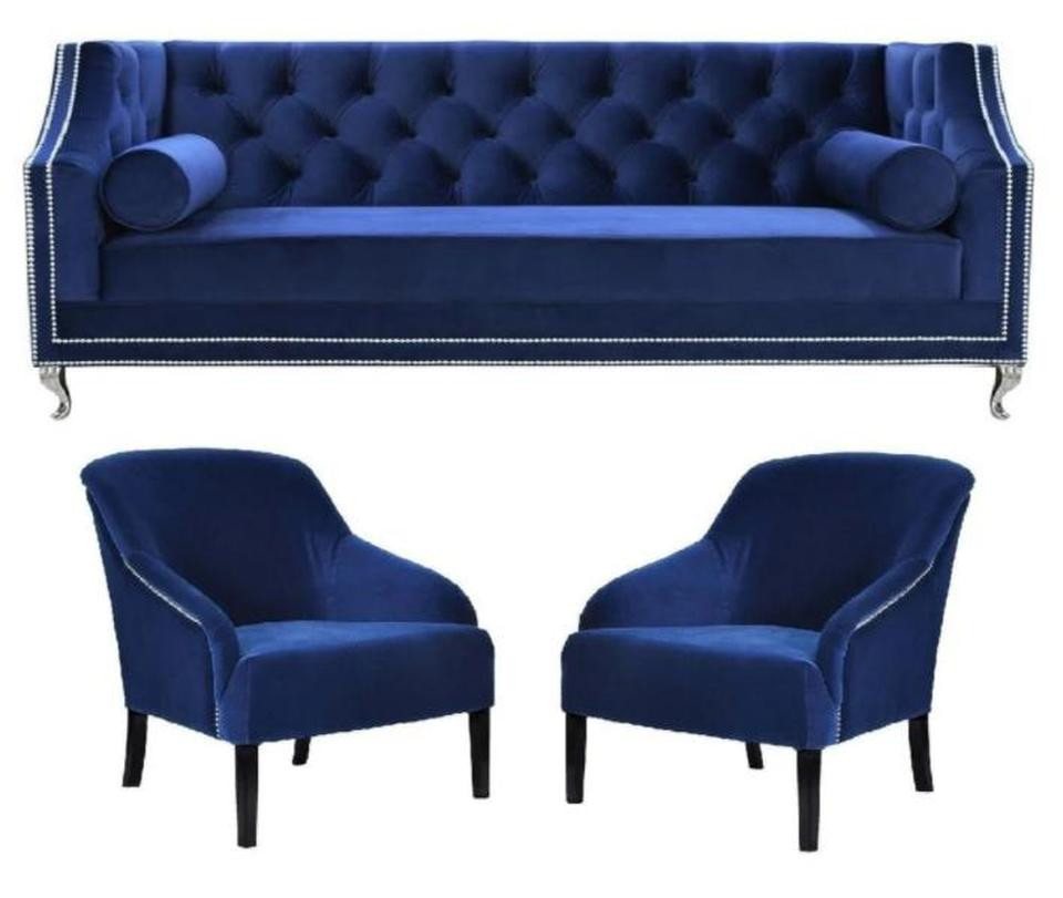 JVmoebel Chesterfield-Sessel Blaue Chesterfield Sessel XXL Textil Stoff Möbel Garnitur Couchgruppe (3-St., Chesterfield Maße, Sessel Maße), Made in Europe von JVmoebel