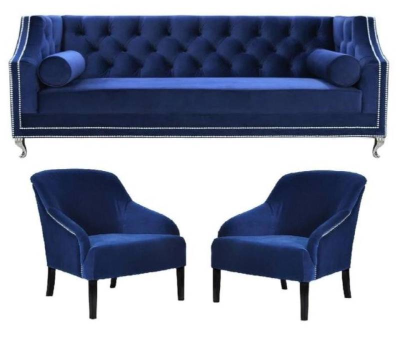 JVmoebel Chesterfield-Sessel Blaue Chesterfield Sessel XXL Textil Stoff Möbel Garnitur Couchgruppe (3-St., Chesterfield Maße, Sessel Maße), Made in Europe von JVmoebel