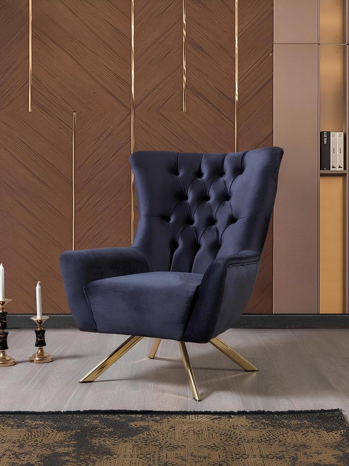 JVmoebel Chesterfield-Sessel Chesterfield Ohrensessel Blau - Gemütlicher Einsitzer aus Polyester (1-St., 1x nur Sessel), Made in Europa von JVmoebel