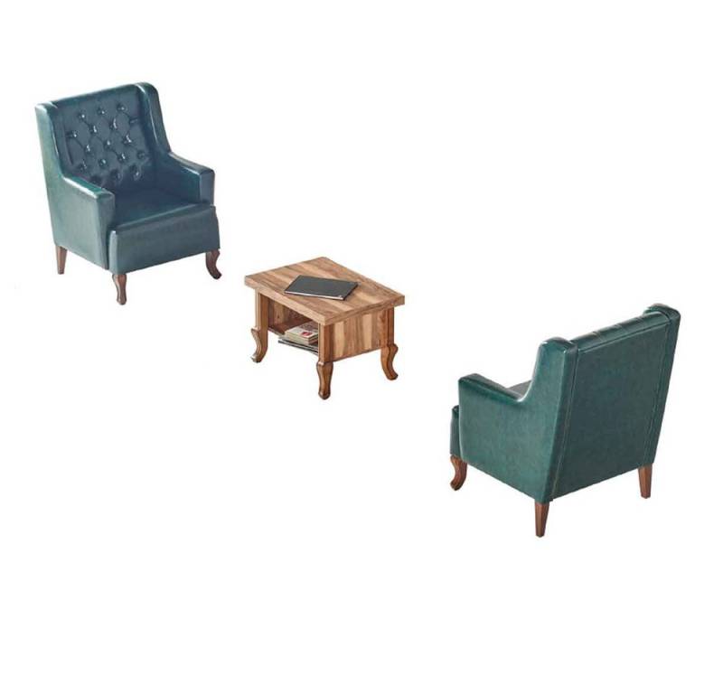 JVmoebel Chesterfield-Sessel Chesterfield Sessel Set Grün mit braunem Couchtisch aus Leder (3-St., 2x Sessel, Couchtisch), Made in Europe von JVmoebel