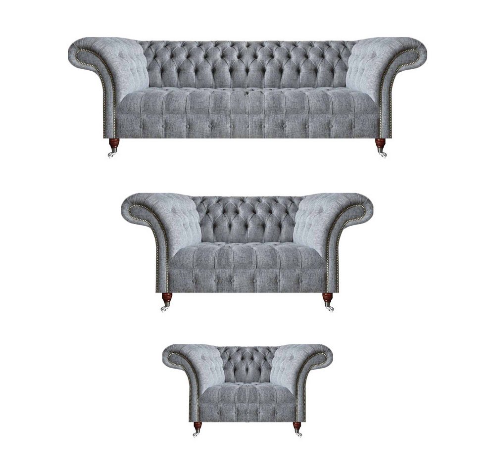 JVmoebel Chesterfield-Sofa Chesterfield Grau Sofas Komplett 3tlg Sessel Design Möbel Sofagarnitur, 3-Sitzer Sofa/2-Sitzer Sofa/Sessel 3 Teile, Made in Europa von JVmoebel