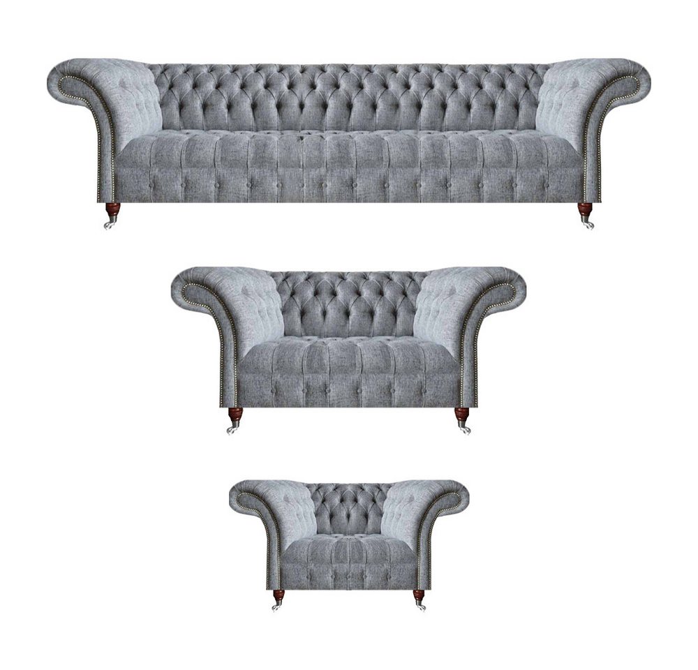 JVmoebel Chesterfield-Sofa Sofagarnitur Grau Set 3tlg Design Möbel Sessel Chesterfield Sofas, 4-Sitzer Sofa/2-Sitzer Sofa/Sessel 3 Teile, Made in Europa von JVmoebel