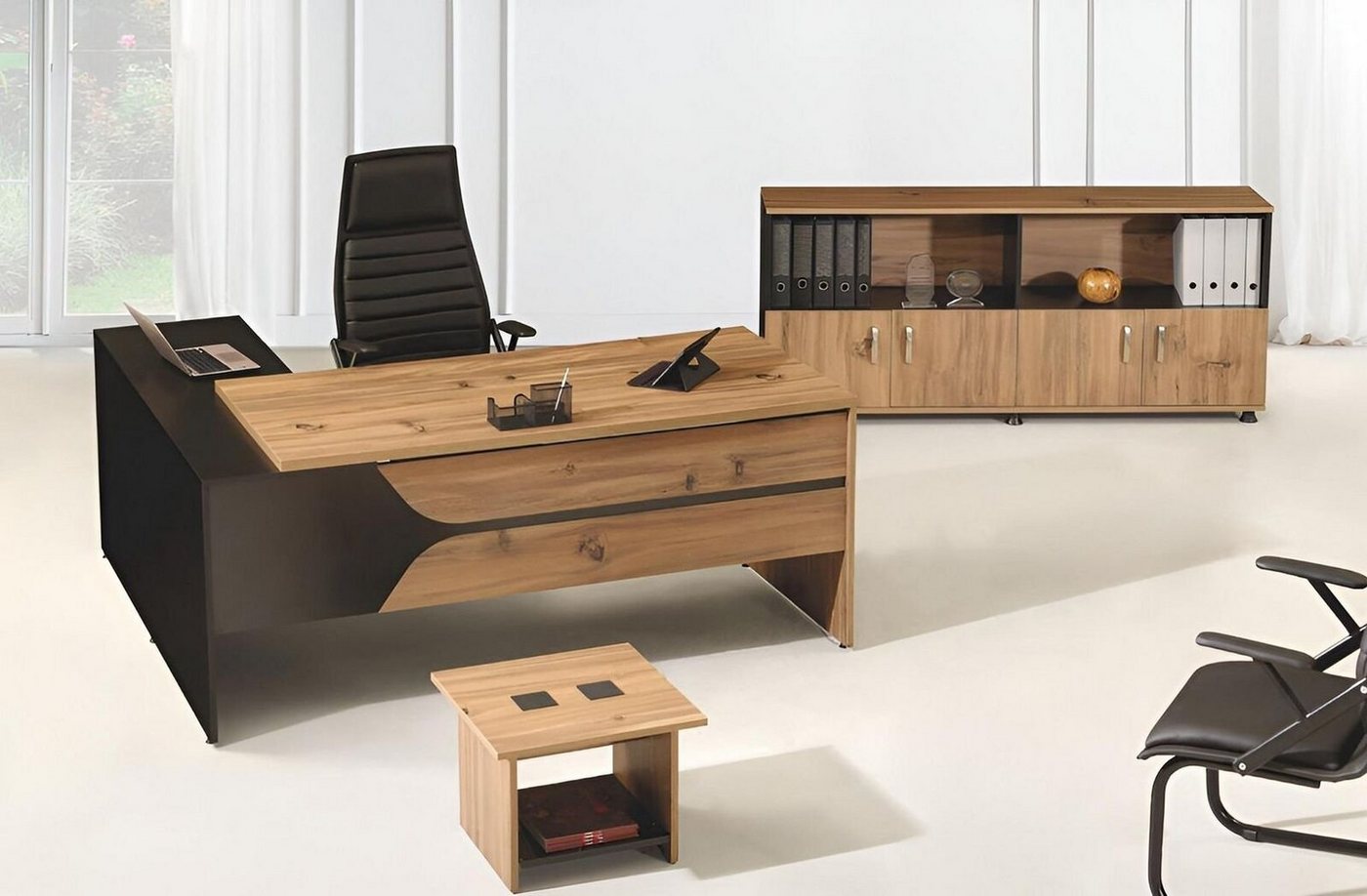 JVmoebel Eckschreibtisch Büromöbel Braun Set 3tlg Eckbürotisch Komplettbüro Schrank Holz Gruppe (3-St., 1x Bürotisch + 1x Couchtisch + 1x Kommode ohne Sessel), Made in Europa von JVmoebel