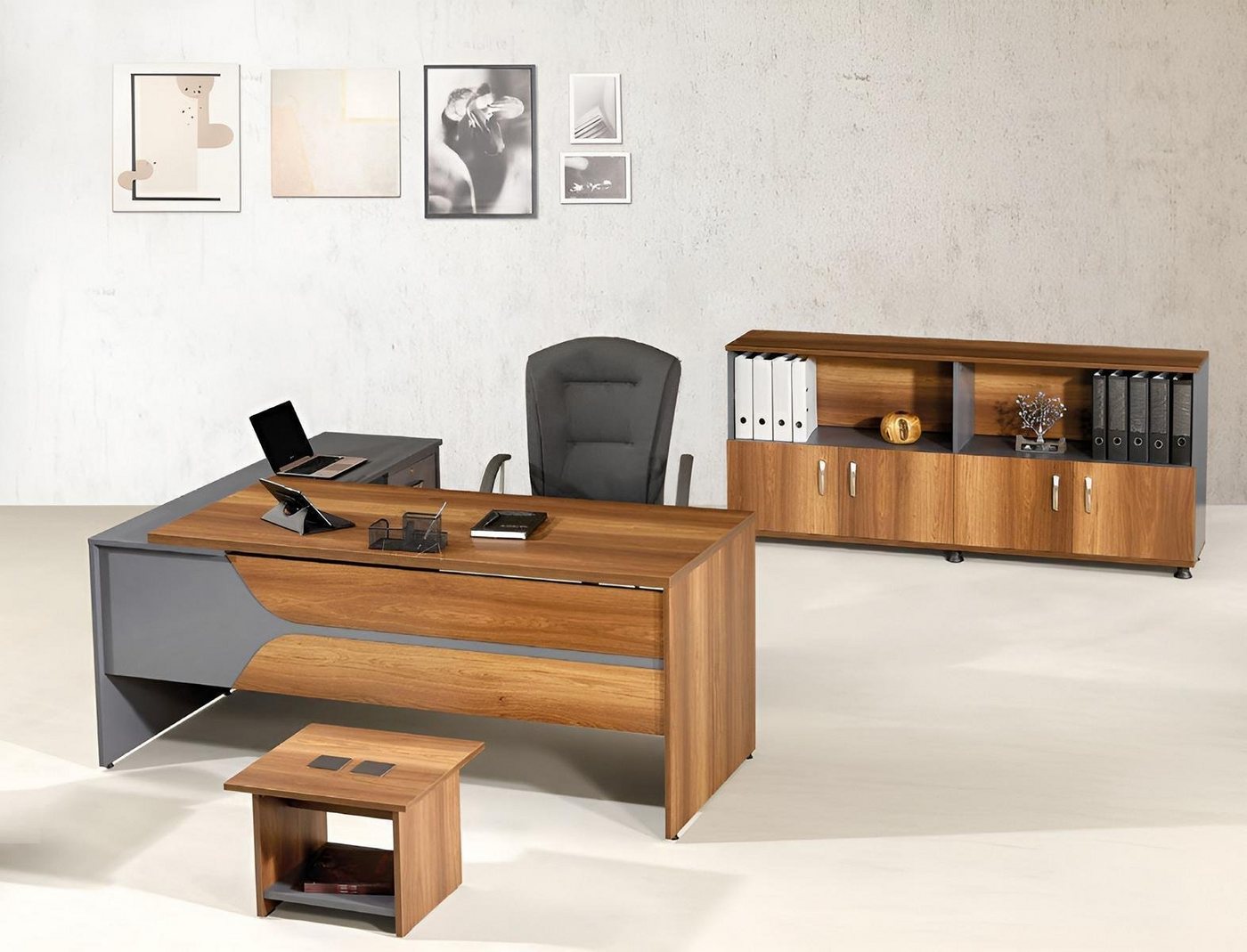 JVmoebel Eckschreibtisch Büromöbel Braun Set 3tlg Eckbürotisch Komplettbüro Schrank Holz Gruppe (3-St., 1x Bürotisch + 1x Couchtisch + 1x Kommode ohne Sessel), Made in Europa von JVmoebel