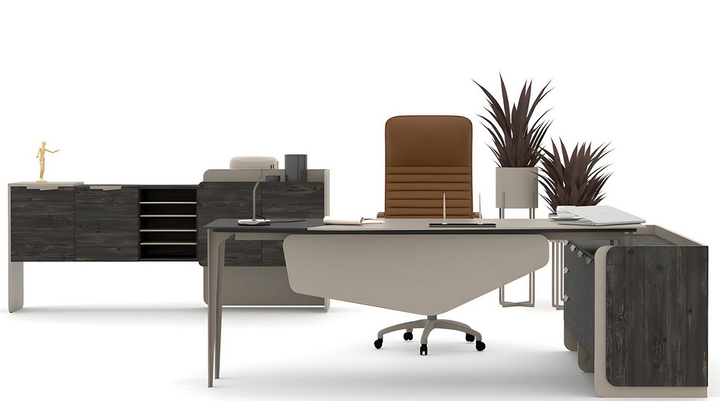 JVmoebel Eckschreibtisch Eckschreibtisch Set mit Büroschrank und Couchtisch in Grau aus Holz (Schreibtisch, Büroschrank, Couchtisch), Made in Europe von JVmoebel