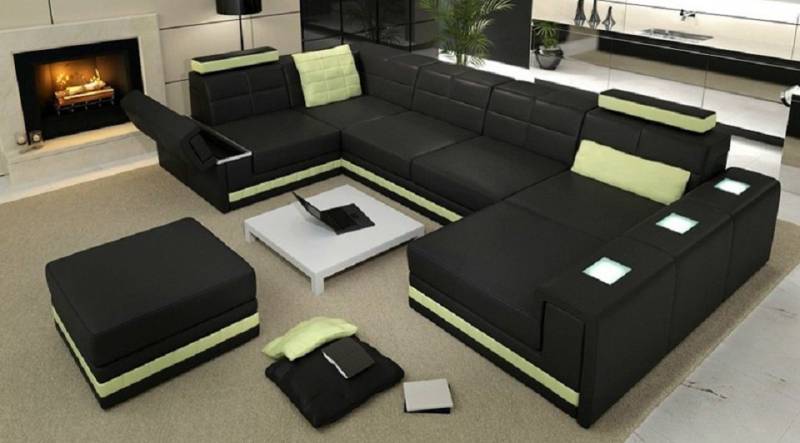 JVmoebel Ecksofa, Ecksofa Sofa Wohnlandschaft U Form Polster Couch Ledersofa + Hocker von JVmoebel