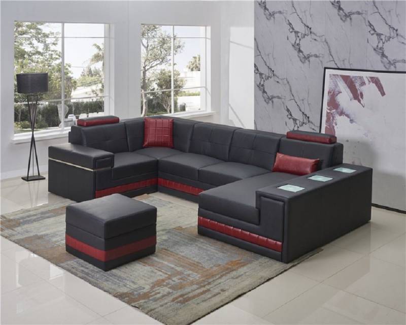 JVmoebel Ecksofa, Ecksofa Sofa Wohnlandschaft U Form Polster Couch Ledersofa + Hocker von JVmoebel