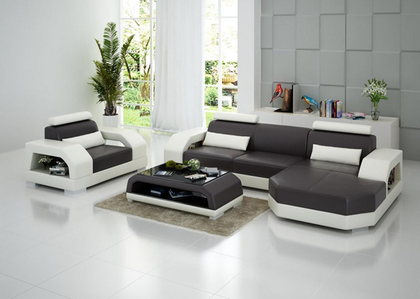 JVmoebel Ecksofa, Ledersofa Couch Wohnlandschaft Ecksofa + Sessel LED USB von JVmoebel