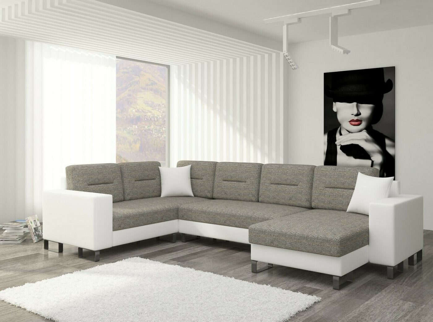 JVmoebel Ecksofa Design Ecksofa Schlafsofa Bettfunktion Couch Leder Polster Textil, Mit Bettfunktion von JVmoebel