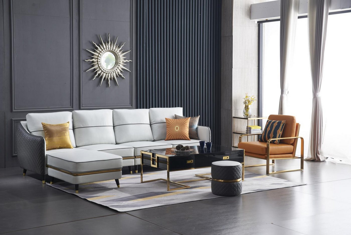 JVmoebel Ecksofa Ecksofa in L-Form mit Couchtisch und Polsterhocker, Made in Europa JVmoebel Ecksofa Ecksofa in L-Form mit Couchtisch und Polsterhocker, Made in Europa von JVmoebel