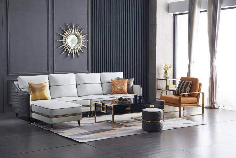 JVmoebel Ecksofa Ecksofa in L-Form mit Couchtisch und Polsterhocker, Made in Europa von JVmoebel