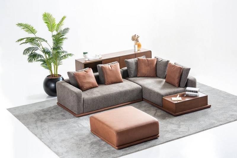 JVmoebel Ecksofa Elegante L-Form Sofa in Grau mit braunem Hocker - 2er Set, 2 Teile, Made in Europa JVmoebel Ecksofa Elegante L-Form Sofa in Grau mit braunem Hocker - 2er Set, 2 Teile, Made in Europa von JVmoebel