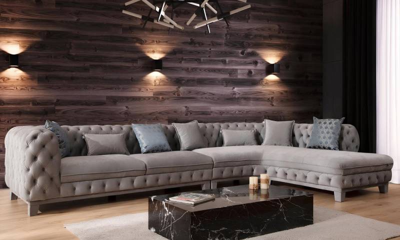 JVmoebel Ecksofa Grau Chesterfield Ecksofa L-Form Modernes Textil 1-teilig, 1 Teile, Made in Europa JVmoebel Ecksofa Grau Chesterfield Ecksofa L-Form Modernes Textil 1-teilig, 1 Teile, Made in Europa von JVmoebel