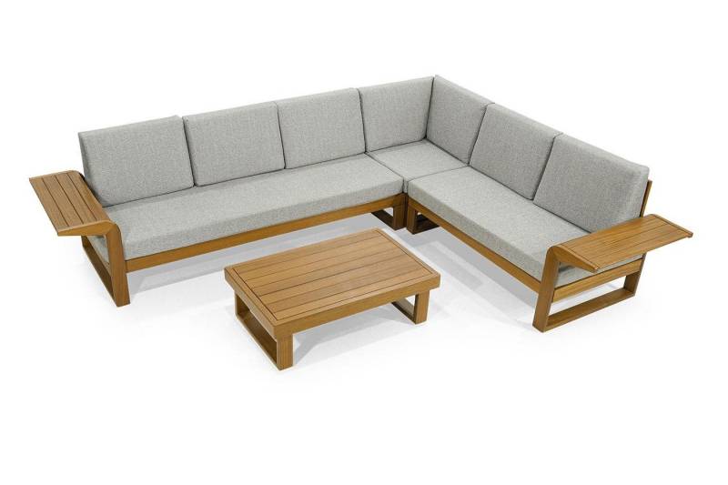 JVmoebel Gartenlounge-Set Hellgraue Gartenmöbel Holzmöbel Edles Ecksofa Couchtisch 2tlg Garnitur, (Gartenmöbelset (Ecksofa L-Form + Couchtisch), Made in Europa von JVmoebel