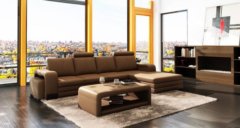 JVmoebel Ecksofa Leder Eckcouch mit Hocker und Tisch – 3-teiliges Set, Made in Europa von JVmoebel